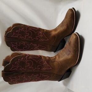 Ariat Round Up Square Toe Brown Pink Leather Western Cowboy Boots (W Size 7C)